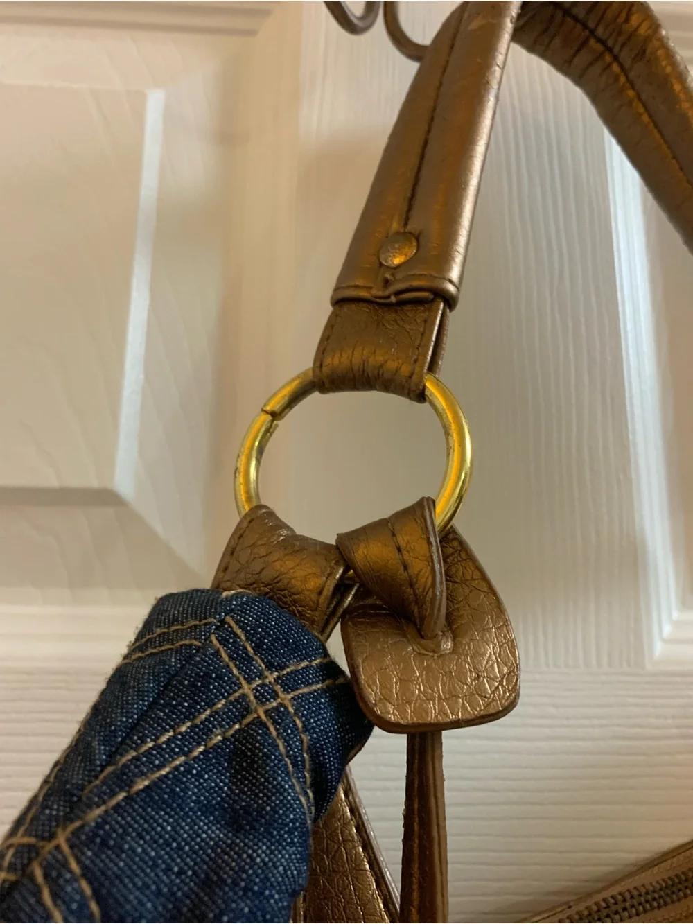 VTG Y2K Apple Bottoms Quilted Denim & Metallic Gold Hobo Bag Rhinestone Charm